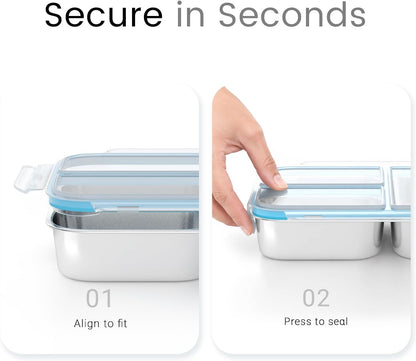 3 Pack Stainless Steel Snack Container, 3- Compartment Lunch Container with Lid, Reusable Food Storage Box for Snacks & Meal Prep (650ml / 22oz)