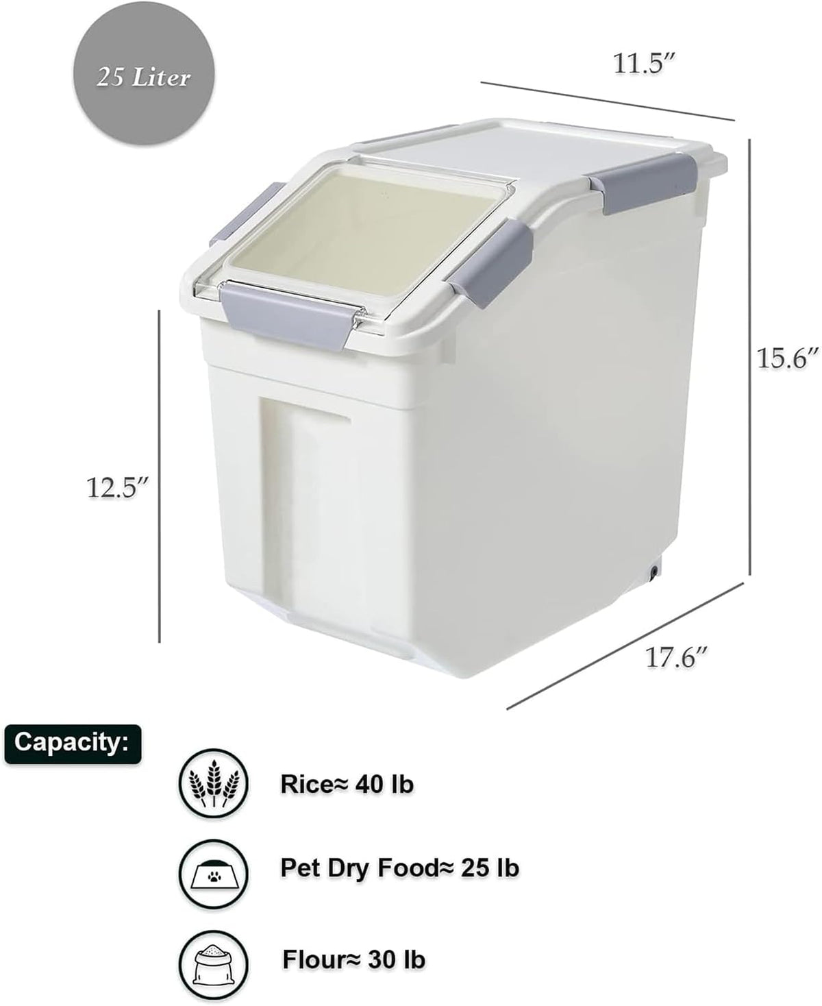HANAMYA 32.5 Liter / 35 lbs Pet Food Storage Container with Measuring Cup, BPA free, For Dog Food | Cat Food | Rice | Grain | Flour, White & Gray, 1 count