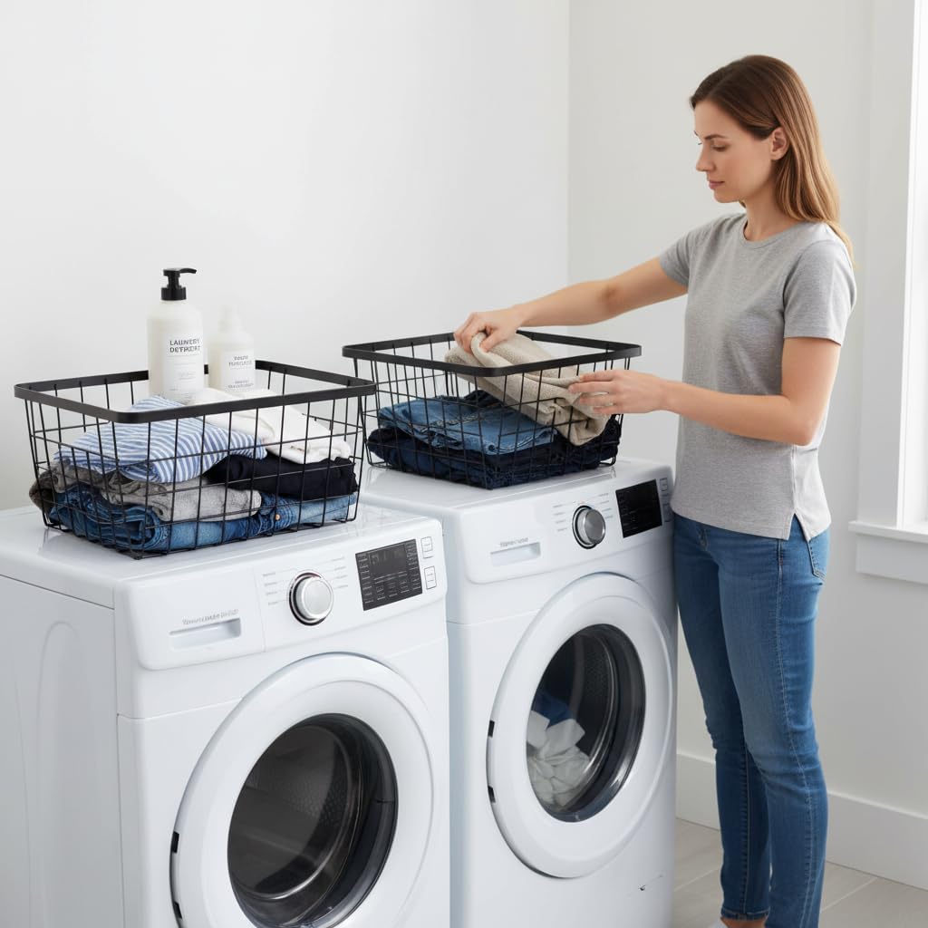 Kitchen Wire Baskets Farmhouse Decor Metal Food Storage Organizer,Household Refrigerator Bin with Built-in Handles for Cabinets, Pantry, Bathroom,2 Packs(white)