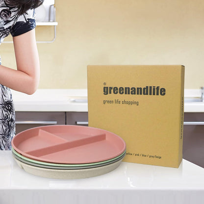 greenandlife 9 Inch 4PCS Portion Control Plates with Lids, Divided Plates for Kids Adults, Dishwasher Microwave Safe Compartment Plate, Unbreakable Lightweight Reusable Wheat Straw Plate, Earth Tone