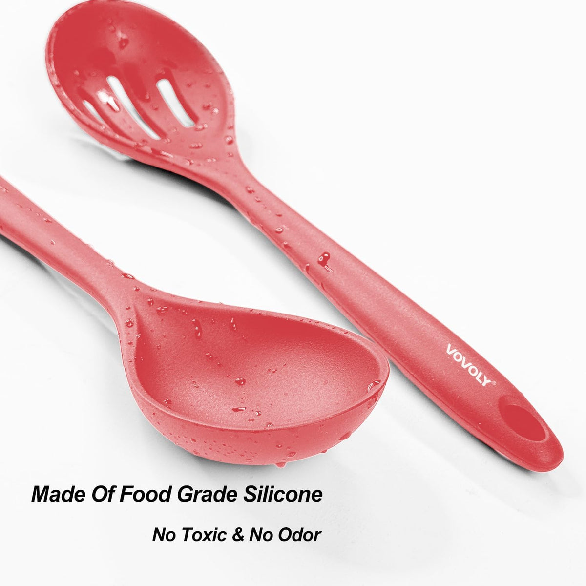 VOVOLY Silicone Spoons for Cooking, Solid & Slotted Spoon Set, Med, Black