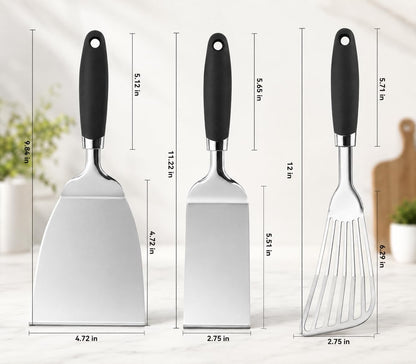 304 Stainless Steel Fish Spatula, Thin Flexible Slotted Turner | Non-Slip Ergonomic Handle, Metal Spatula for Fish, Eggs, Burgers, Cast Iron & Griddle, Black