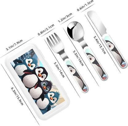 3-Piece Children Utensils Set Five cute penguins Knife Spoon Fork Set Stainless Steel Silverware Set Easy-Grip Reusable Utensils Set Child Flatware Set with Case for Lunch Travel