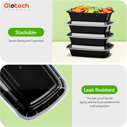 Glotoch 10-Pack Meal Prep Containers with Lids (20-Piece Set), 24 oz Reusable Food Storage Containers, Heavy-Duty Leakproof Bento Boxes, BPA-Free, Microwave/Freezer/Dishwasher Safe, Black