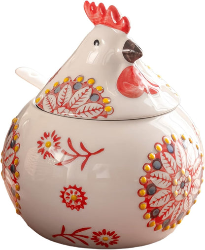 Ceramic Chicken Salt Cellar with Lid and Spoon, 13 OZ Chicken Decor, Blue