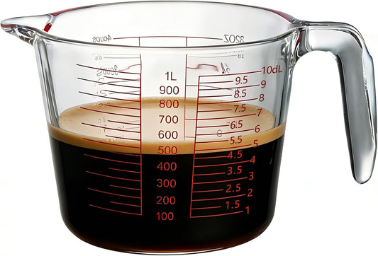 Glass Measuring Cup for Baking and Cooking, Microwave and Oven Safe, Dishwasher Safe, with Red Measurement Markings (4 cup)