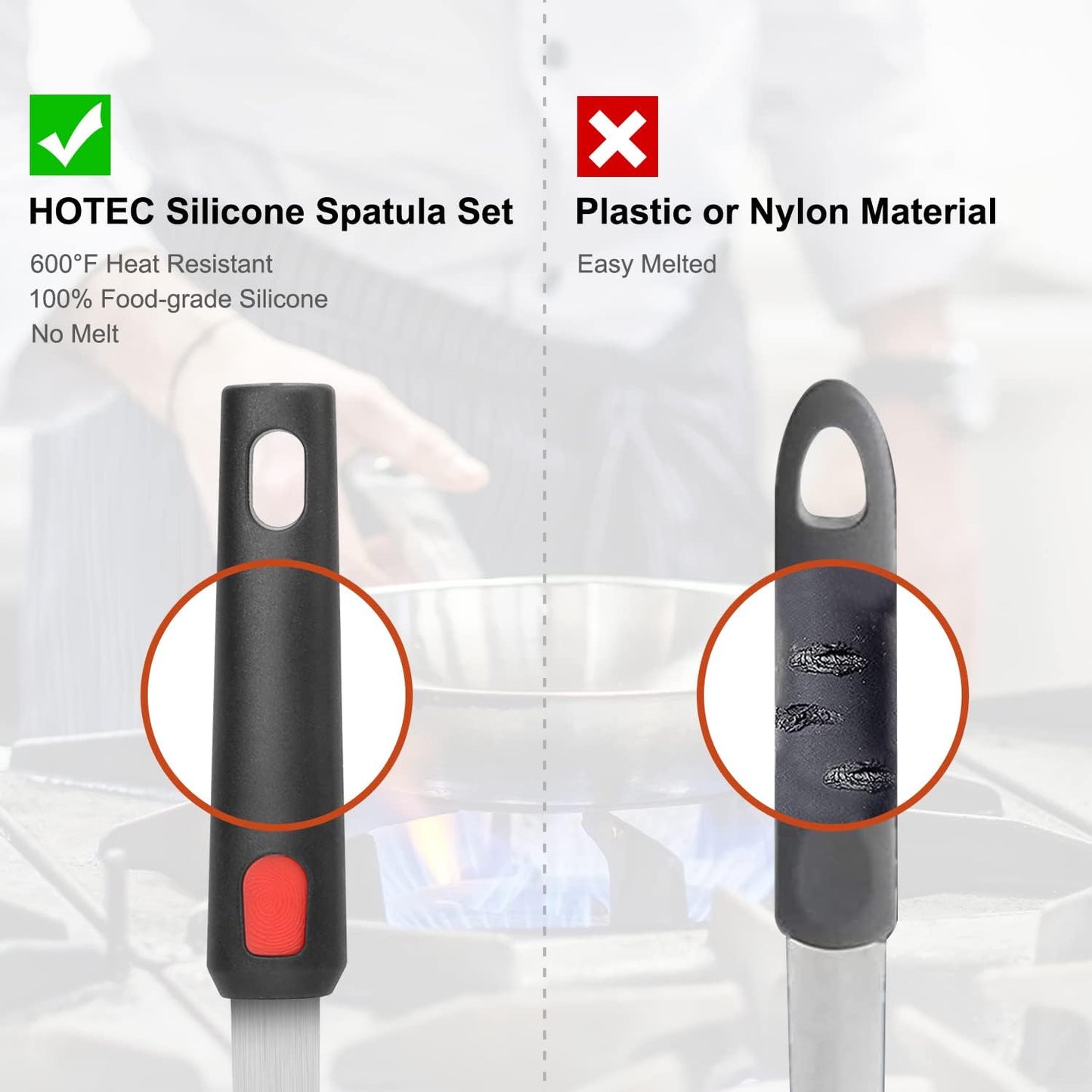 Hotec Silicone Spatula Turner for Nonstick Cookware, Cooking Spatulas 600°F Heat Resistant Large Flexible Rubber Spatula Set of 3, Kitchen Utensils for Flipping Eggs, Burgers, Pancakes, Crepes