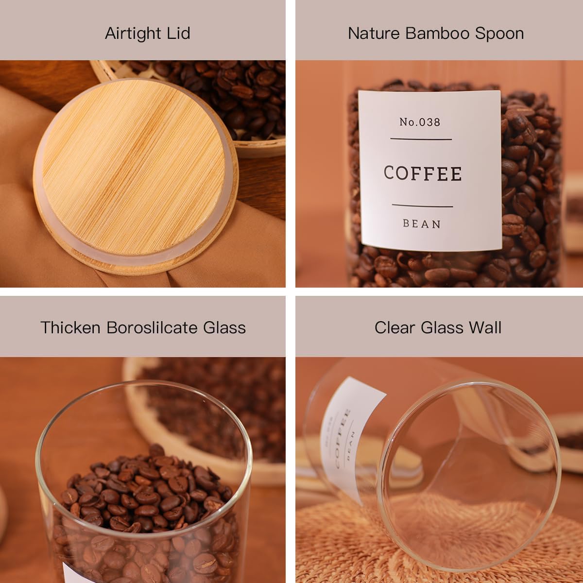 3 Pcs Glass Canisters with Airtight Bamboo Lids and 42 Kitchen Pantry Labels Preprinted - Clear Glass Flour and Sugar Storage Container Set - Large Glass Jars with Wood Lids(100 OZ/54 OZ/27 OZ)