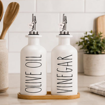 HOMCDALY Premium Olive Oil Dispenser for Kitchen, 11.8oz Glass Oil Bottles with Bamboo Tray, White Oil&Vinegar Cruet Set, Kitchen Dispenser Bottles with Pourer| Set of 2 (11.8oz –P–White)