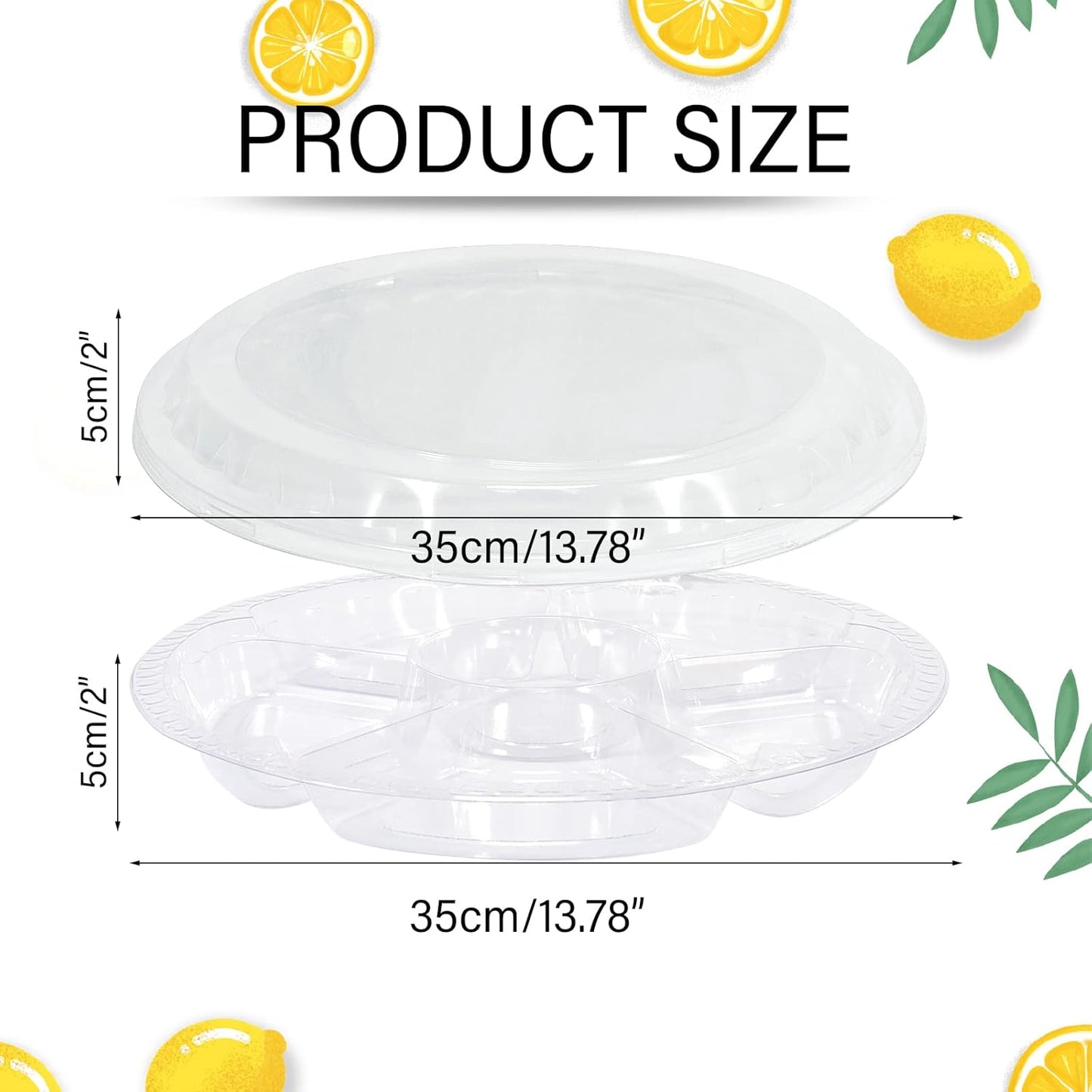 10 Pcs Round Plastic Appetizer Tray with Lid Divided Serving Tray Disposable Food Storage Trays Containers Plastic Tray Storage Snack Fruit Vegetable Trays for Party (black, 13.7 x 13.7 x 2 Inch)