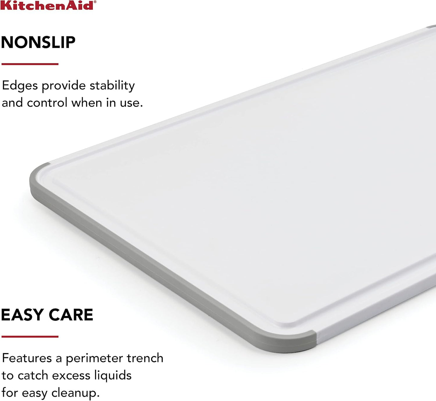 KitchenAid Classic Plastic Cutting Board with Perimeter Trench and Non Slip Edges, Dishwasher Safe, 12 inch x 18 inch, Gray