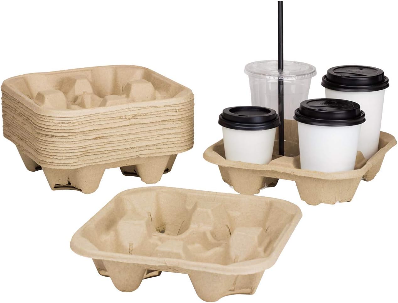 Karat Disposable Drink Carrier | 300 Pack | 4-Cup Molded Fiber Drink Carrier Tray (8-32 oz Cups) Sturdy, Easy to Carry for Business