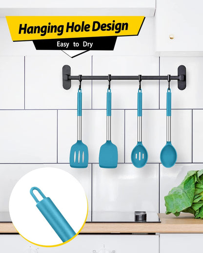 Pack of 4 Silicone Cooking Utensils Set, Non Stick Large Solid Spatulas, Heat Resistant Black Slotted Spoons, Ideal BPA Free Kitchen Turners for Frying, Mixing,Serving,Draining,Turning,Stirring