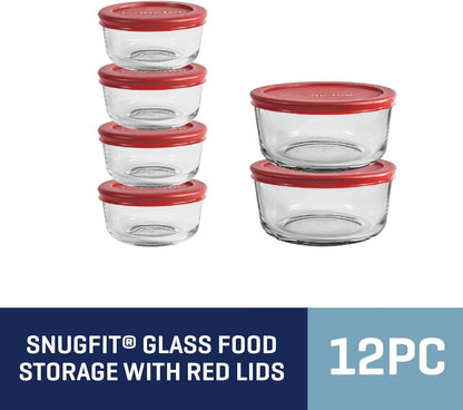 Anchor Hocking 12 Piece Glass Storage Containers with Lids (6 Glass Food Storage Containers & 6 Navy Blue SnugFit Lids)