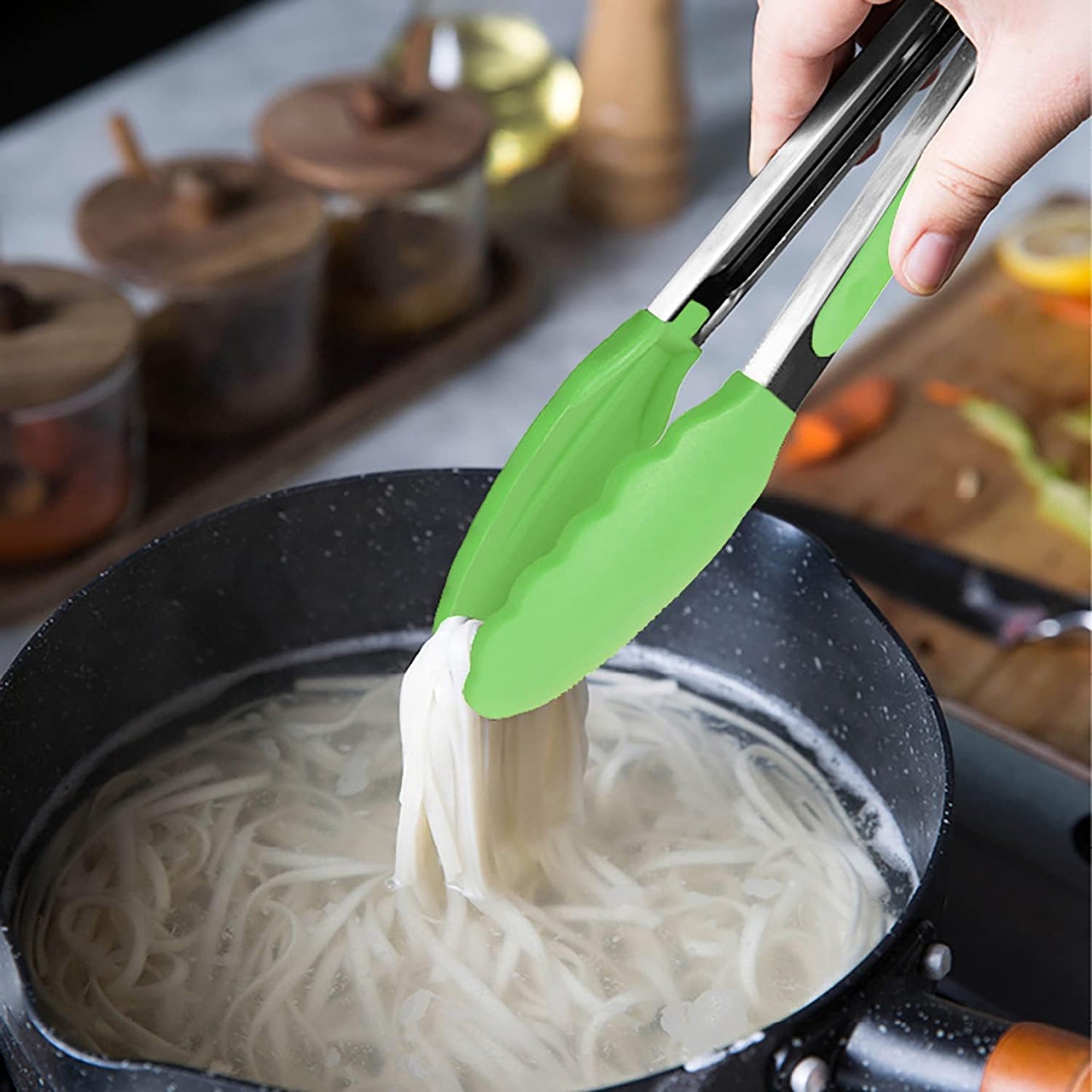 HINMAY Small Silicone Tongs 7-Inch Mini Serving Tongs, Set of 3 (Black Gray White)