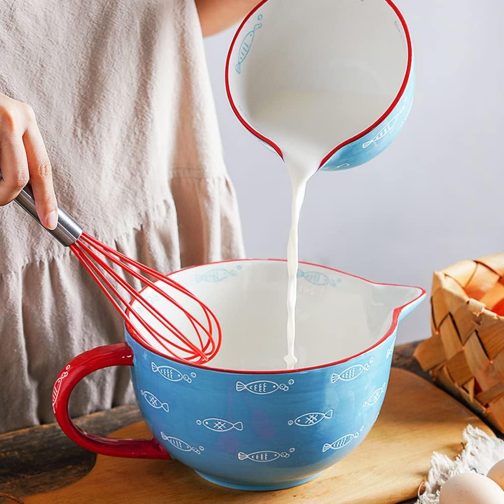 Gaolinci Cherry Blossom Pattern Kitchen Ceramic Mixing Bowl, 1 Quart Large Bowl, with Pouring Spout and Handle