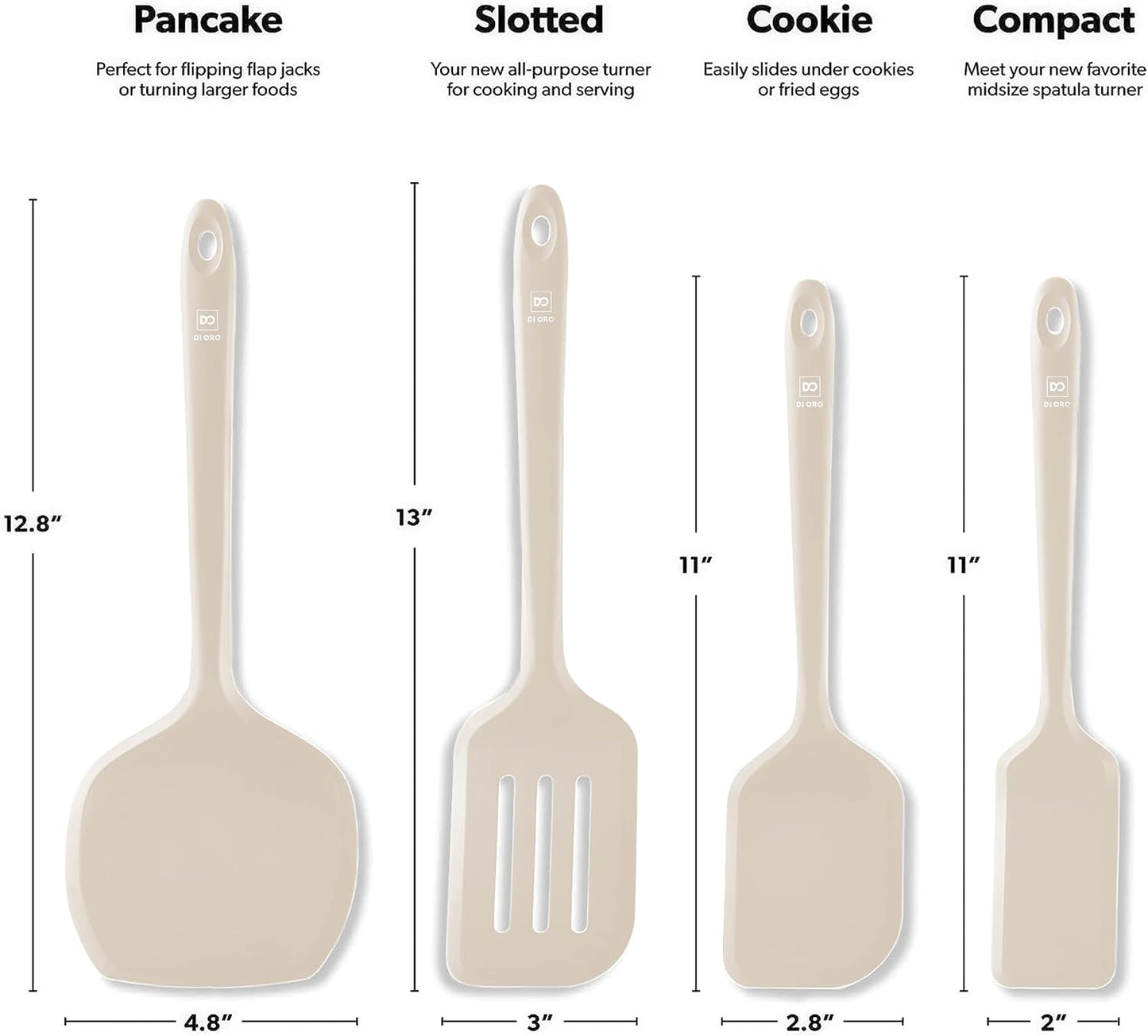 DI ORO Silicone Turner Spatula Set - Kitchen Spatulas for Nonstick Cookware - Cooking Utensils for Flipping Eggs & Pancakes - 600°F Heat-Resistant BPA Free Turners - Dishwasher Safe (4pc, Black)
