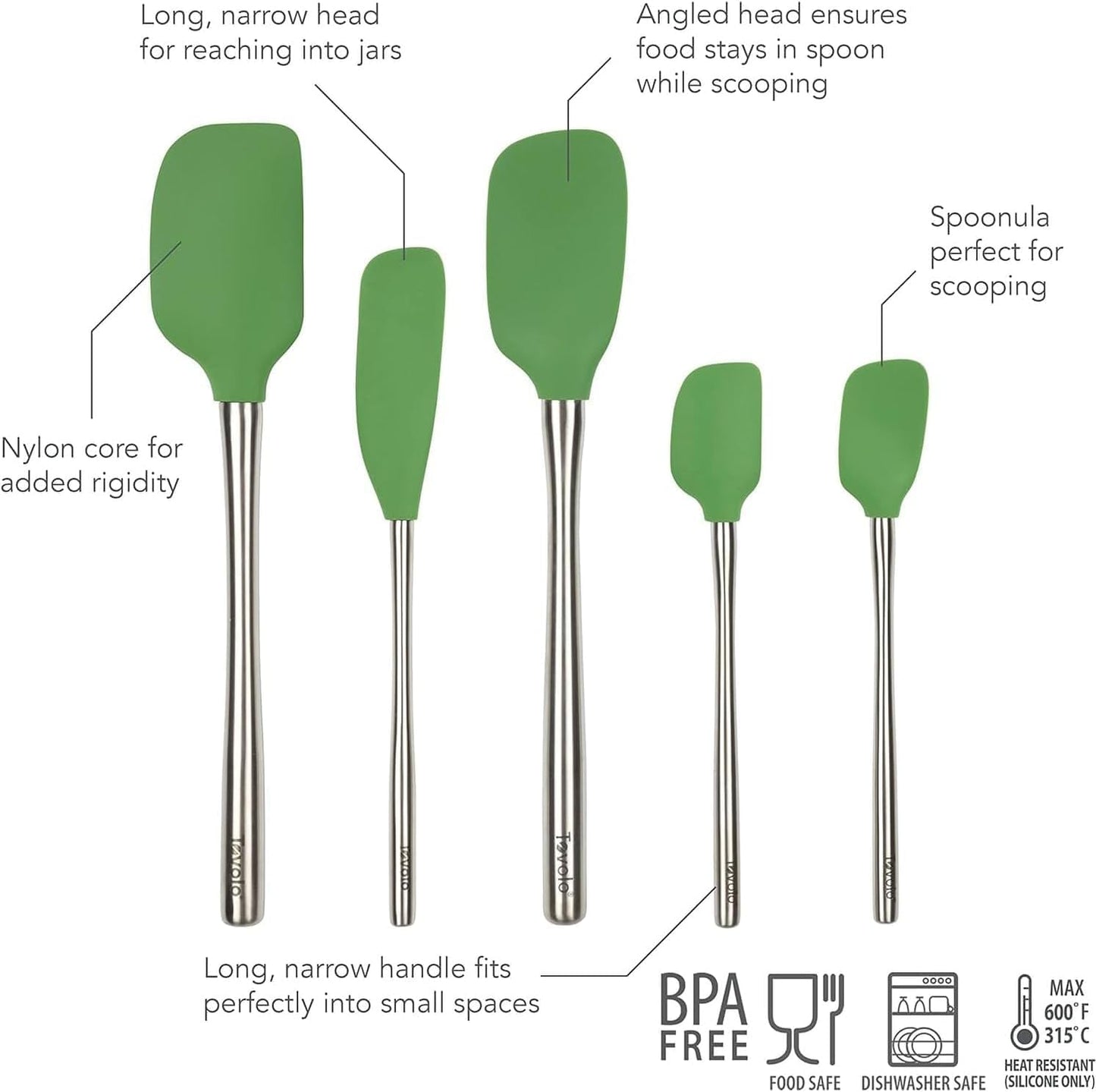 Tovolo Flex Core 5 Piece Silicone Spatula Set Heat Resistant All Silicone Utensils Include Non Stick Spatula Spoonula Jar Scraper, Dishwasher Safe BPA Free Spatulas for Baking Mixing, White