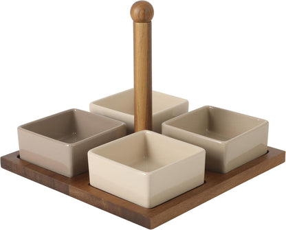 Gibson Elite 3-Section Stoneware Serving Tray with Acacia Lid – Taupe Rectangular Chip & Dip, Condiment, Snack and Appetizer Server for Parties & Entertaining