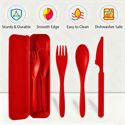 Travel Utensils Set - Reusable 5 Sets Wheat Straw Plastic Cutlery with Case, Portable Forks Spoons and Knives Set, Eco-Friendly BPA Free for Daily Use (5 Purple)