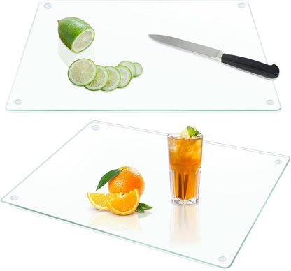 JAMBALAY Tempered Glass Cutting Boards for Kitchen, 16"x12" Clear Glass Cutting Board Set, 2Pcs Chopping Board with Rubber Non Slip Feet, Heat Resistant, Shatter Resistant, Dishwasher Safe