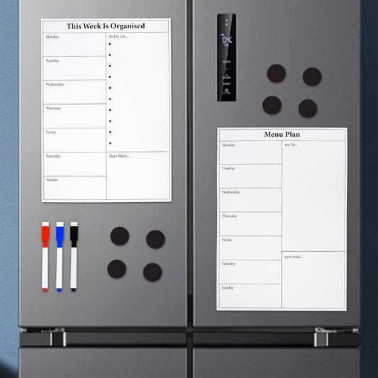 Marte Vanci Weekly Planner Whiteboard for Fridge, (11.4x7.8inch) Menu Board for Kitchen, Grocery List, Meal Planner for Refrigerator, Weekly Calendar Magnetic Whiteboard with 3 Markers (2 Pack)