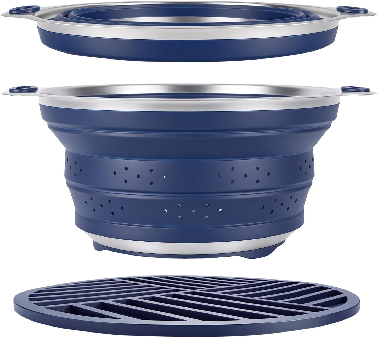 Collapsible Colander Set with Silicone Mat,2-in-1 Stainless Steel Colander for Kitchen, Foldable Metal Colander, Space-Saving for Pasta Veggies Fruit(NAVY BLUE)