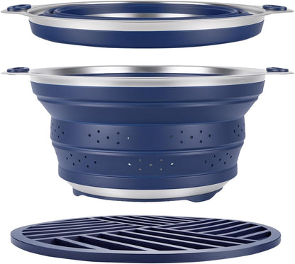 Collapsible Colander Set with Silicone Mat,2-in-1 Stainless Steel Colander for Kitchen, Foldable Metal Colander, Space-Saving for Pasta Veggies Fruit(NAVY BLUE)