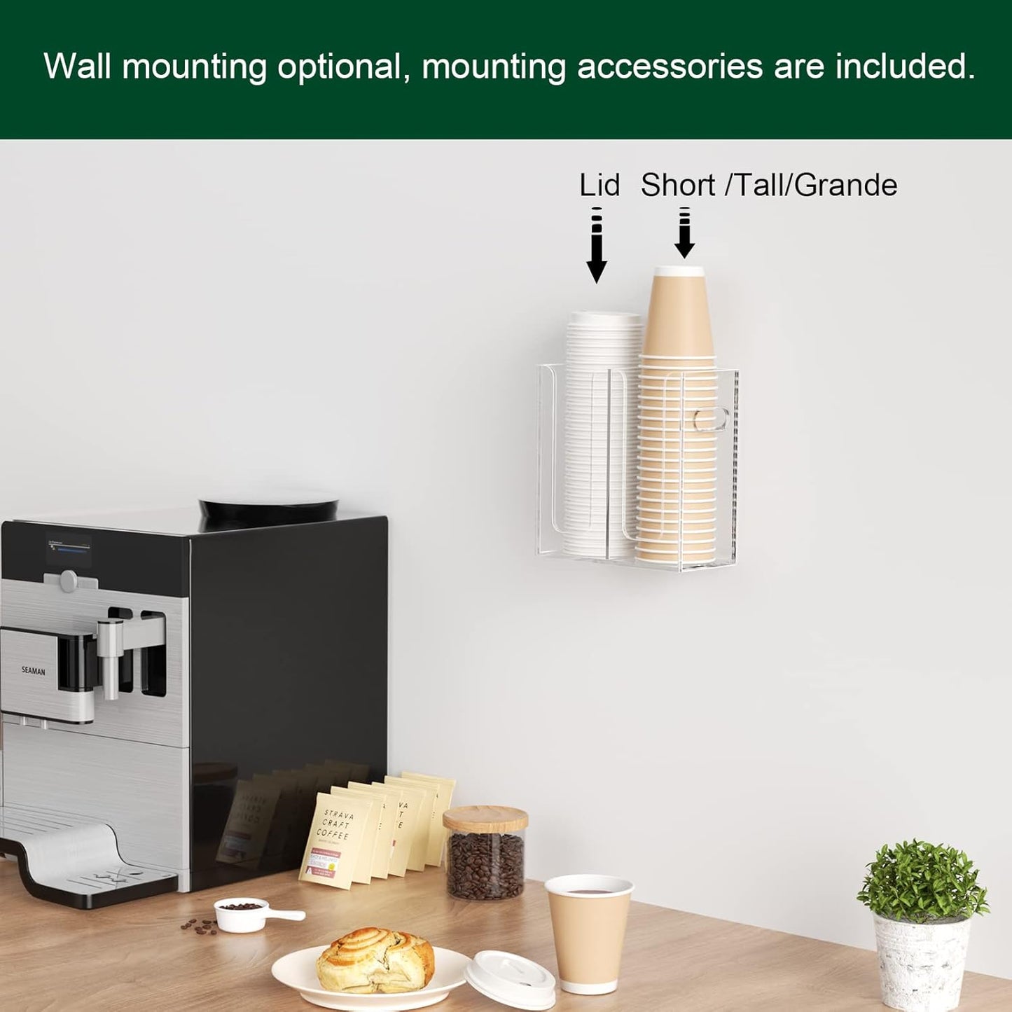 Disposable Coffee Cup Dispenser with Handles, Countertop or Wall Mount Hot/Cold Drink Cup and Lid Holder - Bathroom/Kitchen/Office Acrylic Cup Lid Storage Organizer (1 Compartment, Clear)