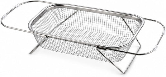 Expandable Over the Sink Colander, 14.6 x 10.6 Inch Stainless Steel Mesh Strainer Basket with Extendable Handles and Folding Feet for Washing Fruit, Vegetables and Draining Dishes, Large