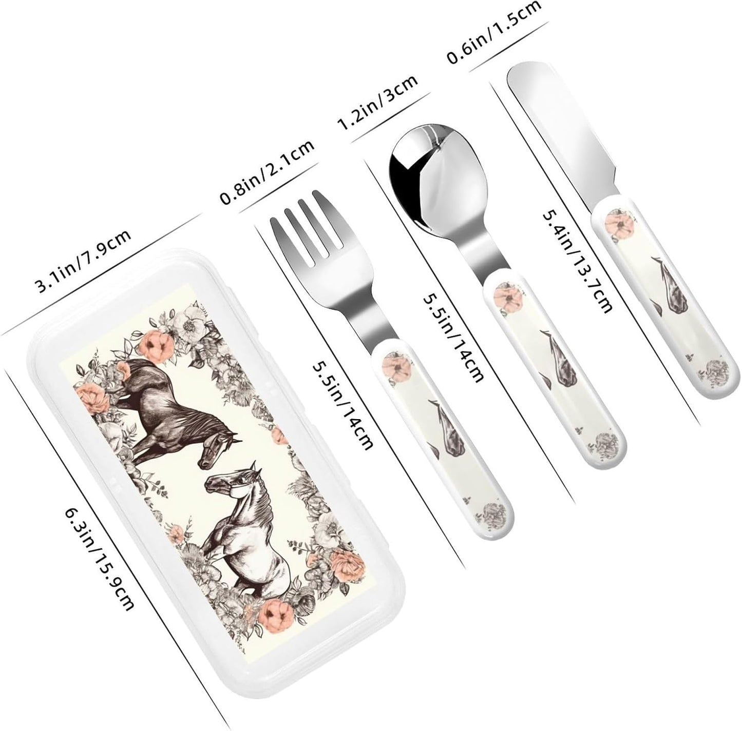 Stainless Steel Kids Silverware Set, Flowers And Horses Hand Drawn Utensil Set Reusable Children Safe Knife Spoon Fork Set With Storage Case Dishwasher Safe For Lunch, Travel Outdoors