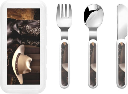 Stainless Steel Kids Silverware Set, Cowboy Black Hat Western Boots Utensil Set Reusable Children Safe Knife Spoon Fork Set With Storage Case Dishwasher Safe For Lunch, Travel Outdoors