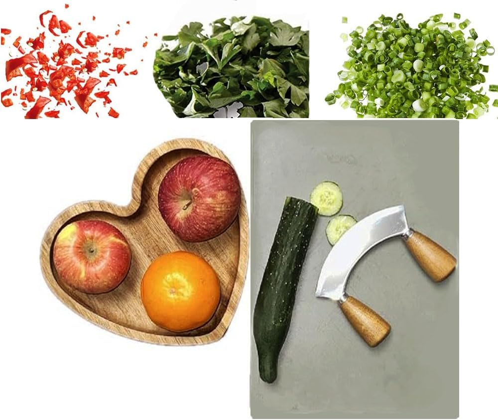 Salad Chopper With Round Wood Cutting Board - Mezzaluna Knife with Protective Cover and Anti-Slip Handle Stainless Steel Chopper Vegetable Cutter Onion Chopper Mincing Knife Pizza Cutter