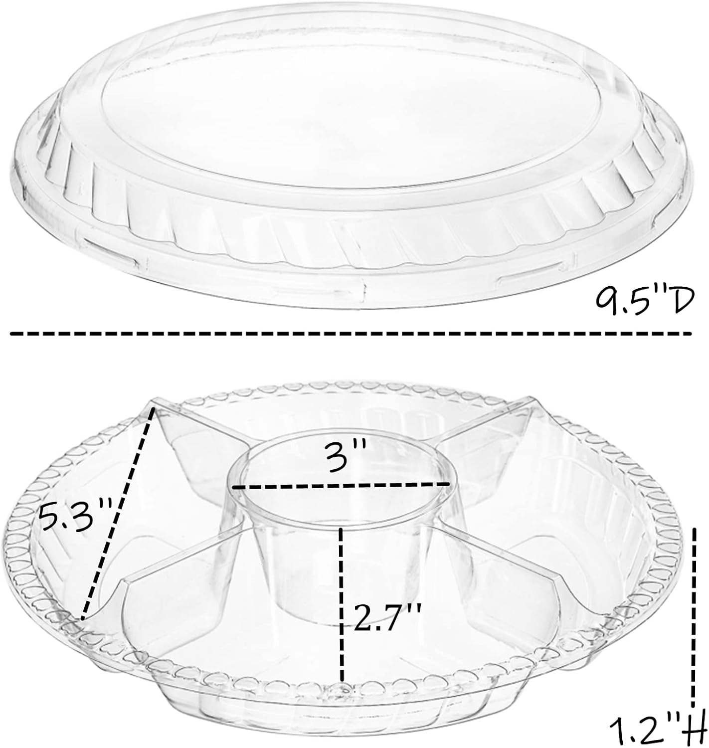 Lyellfe 30 Pack Plastic Appetizer Tray with Lid, Disposable Veggie Fruit Snack Tray with 5 Compartment, 9.5 Inch Heavy Duty Clear Round Food Container Platter for Salad, Nut, Olive, Party