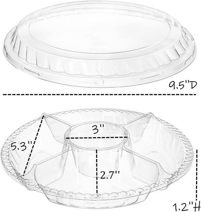Lyellfe 30 Pack Plastic Appetizer Tray with Lid, Disposable Veggie Fruit Snack Tray with 5 Compartment, 9.5 Inch Heavy Duty Clear Round Food Container Platter for Salad, Nut, Olive, Party