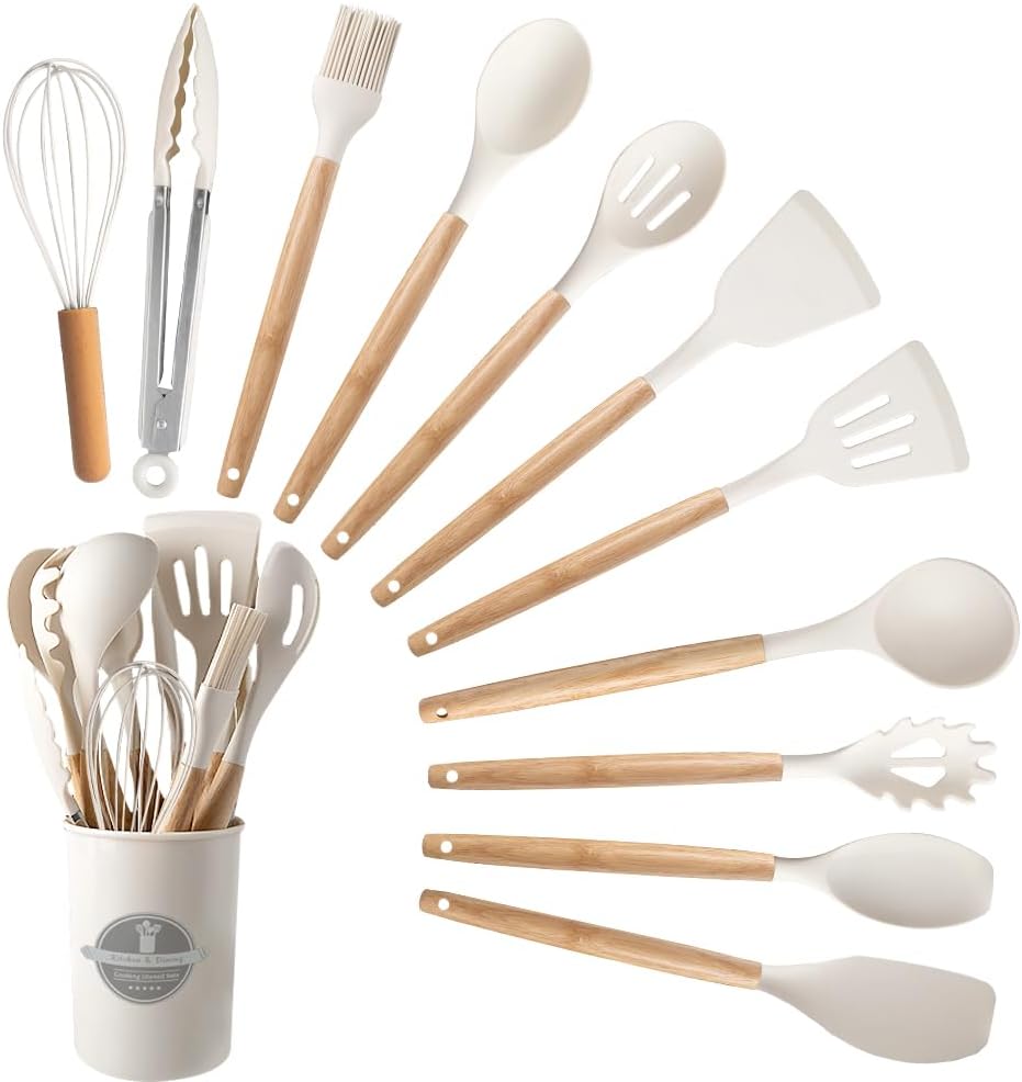 Silicone Cooking Utensils Set, 12Pcs Large Heat Resistant Kitchen Utensils, Turner Tongs, Spatula, Spoon, Wooden Handle Kitchen Gadgets with Holder for Nonstick Cookware, Dishwasher Safe (Grey)