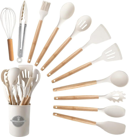 Silicone Cooking Utensils Set, 12Pcs Large Heat Resistant Kitchen Utensils, Turner Tongs, Spatula, Spoon, Wooden Handle Kitchen Gadgets with Holder for Nonstick Cookware, Dishwasher Safe (Grey)