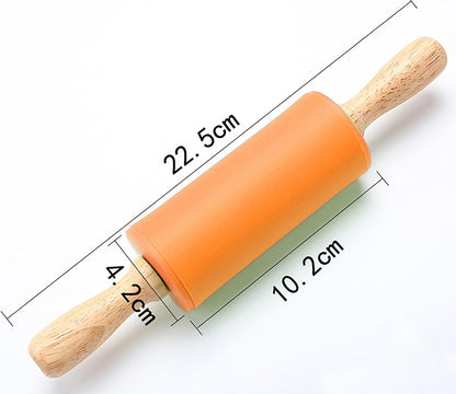 Silicone Rolling Pin, Green 9 Inch Pin with Wooden Rotatable Handle for Dough of Baking Bread, Cookie, Pizza (green, 9 inch)