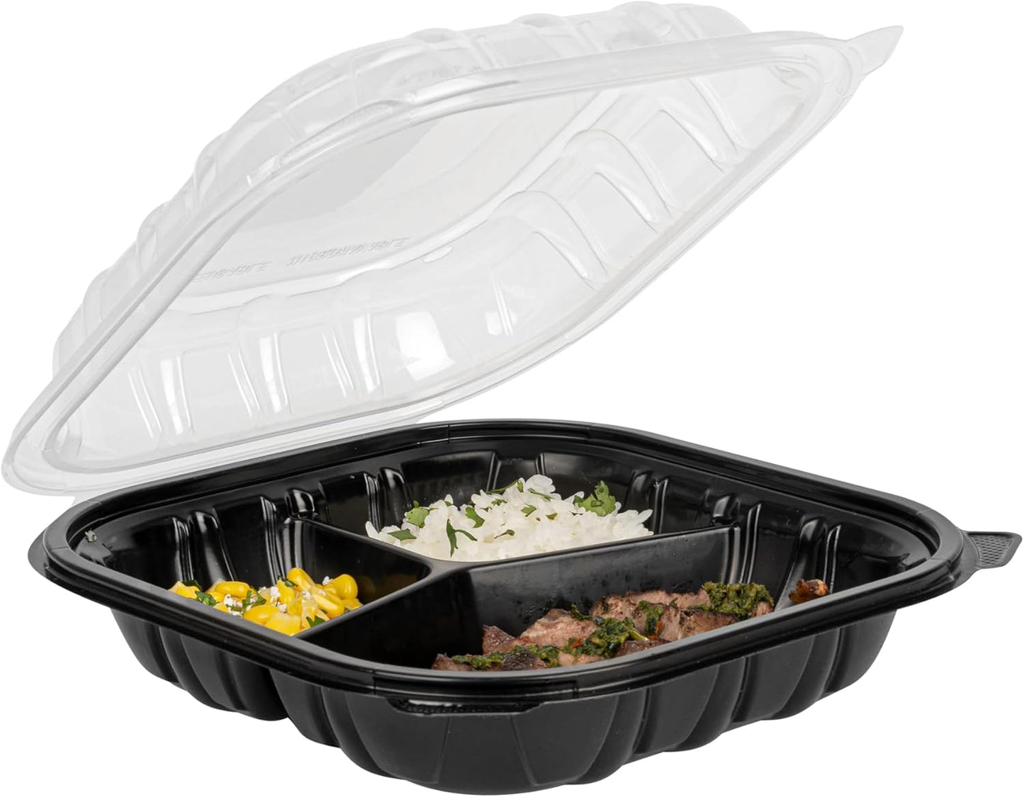 Thermo Tek 40 Ounce Clamshell Containers, 50 Disposable Take Out Boxes - 3 Compartments, Ventilated Lids, Black Plastic Meal Prep Containers, Microwavable, For Pasta Or Salads - Restaurantware