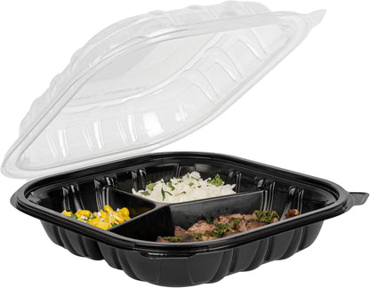 Thermo Tek 40 Ounce Clamshell Containers, 50 Disposable Take Out Boxes - 3 Compartments, Ventilated Lids, Black Plastic Meal Prep Containers, Microwavable, For Pasta Or Salads - Restaurantware