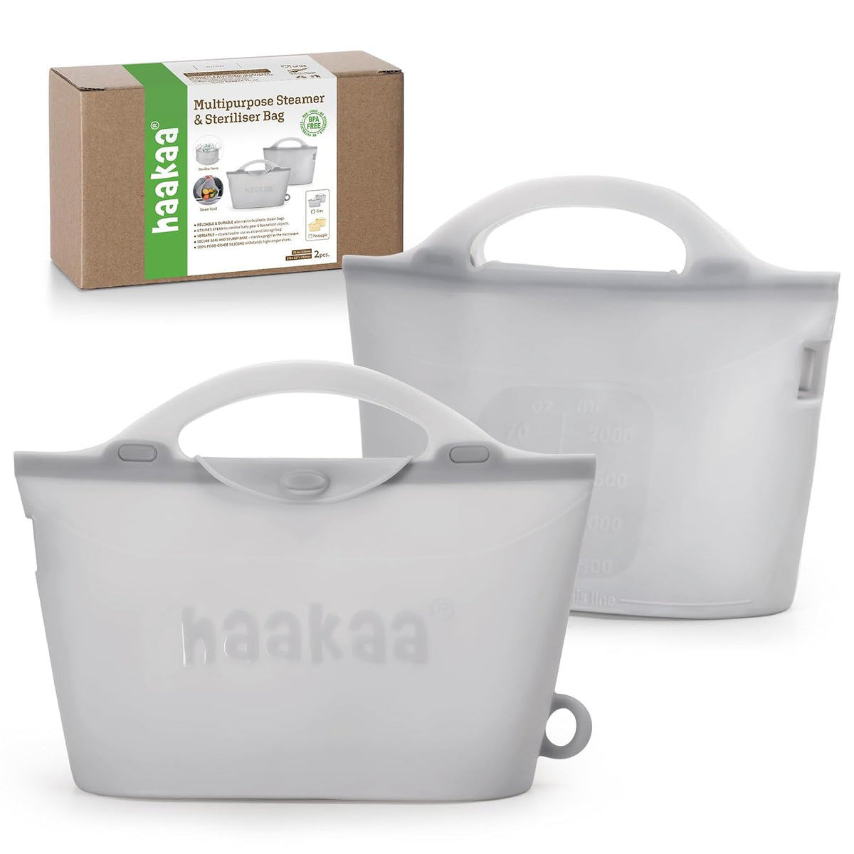 Haakaa Silicone Microwave Steamer & Steriliser Bag, 70oz/2000ml Large Capacity Reusable Steaming Bags for Baby Bottles, Breast Pump, Accessories, Pacifiers,Teethers, Great for Home&On The Go, Grey/1PC