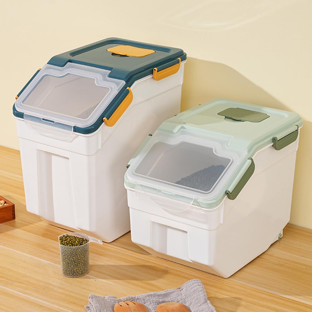 Large Flour Storage Container Bin 25lb, 2Pack Airtight Rice Storage Containers with Wheels Seal Locking Lid, BPA Free with Measuring Cup&Scoop for Flour, Rice, Grain(Green)