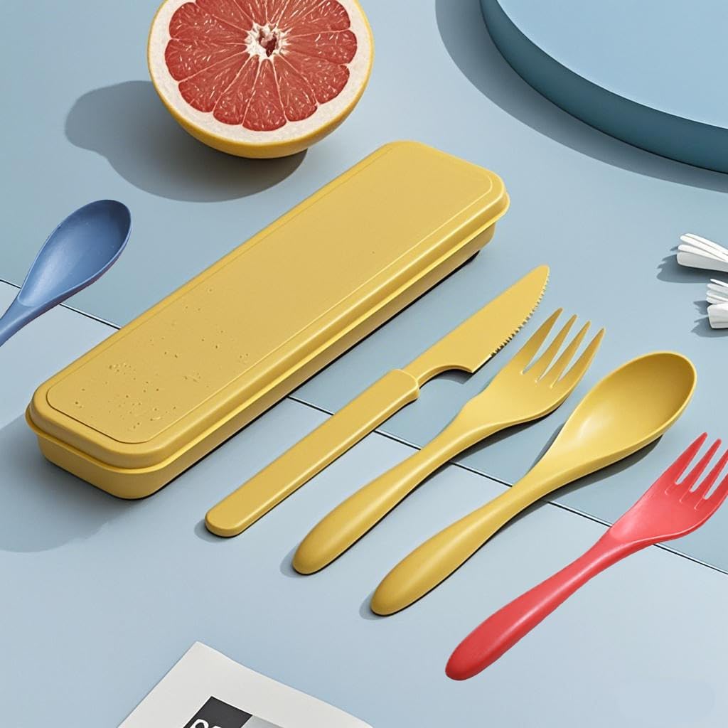 Reusable Utensils Set with Case, Wheat Straw Portable Spoon and Fork Set, Plastic Work School Kids Adults or Daily Use Cutlery Set - for Lunch Box Use Outdoor (Red)