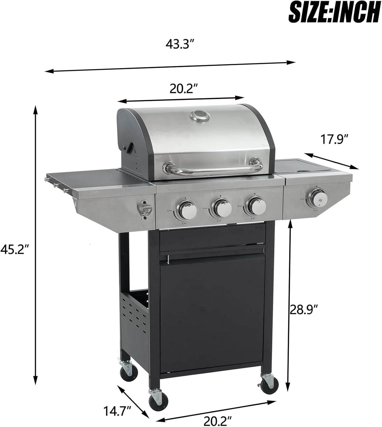 4 Burner Outdoor Propane Gas Grill with Side Burner & Thermometer, Stainless Steel Barbecue Grill with Wheels for Patio BBQ Cooking, Camping