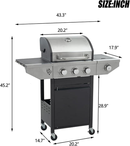 4 Burner Outdoor Propane Gas Grill with Side Burner & Thermometer, Stainless Steel Barbecue Grill with Wheels for Patio BBQ Cooking, Camping