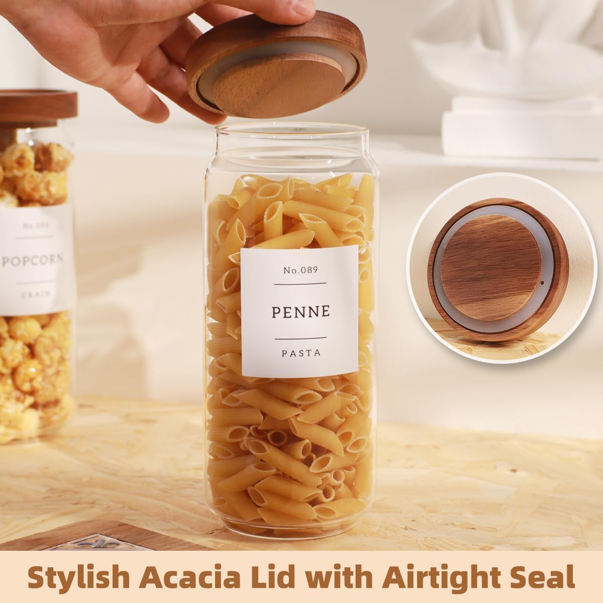 2 Pack Large Glass Flour and Sugar Storage Containers with Airtight Acacia Wood Lids and 132 Kitchen Pantey Labels Preprint - 1 Gallon Borosilicate Glass Canister Sets for Food,Pasta,Cookie,Rice