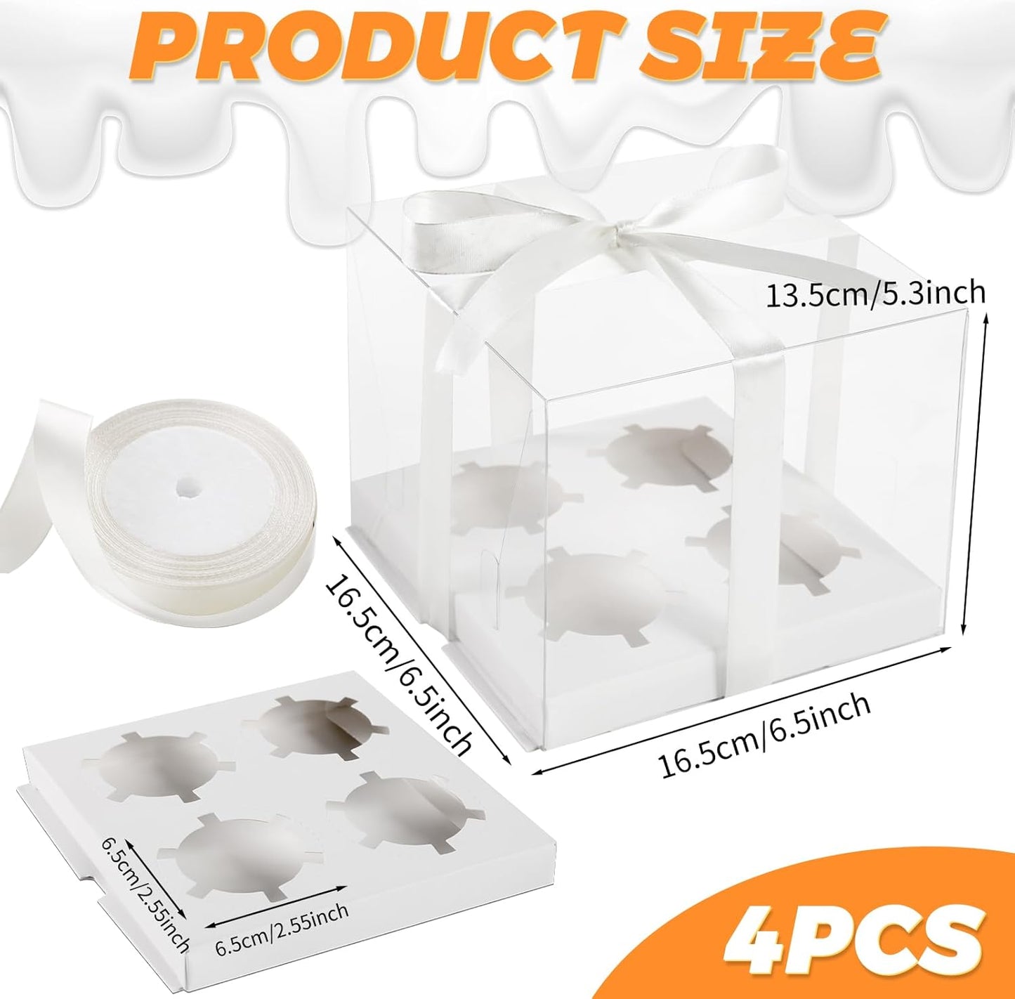 JCD 4 Pack Clear Cupcake Boxes, Plastic Cupcake Containers with Gift Ribbon, 5.5inches height Holder 6 Count Cup Cake Boxes for Parties, Baking, Wedding, Transport (6count/4pcs)