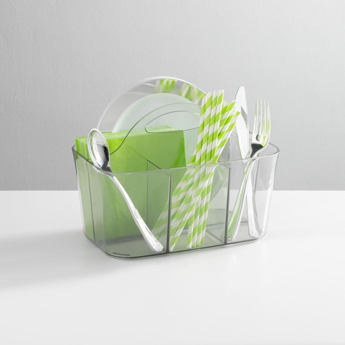 mDesign Plastic Cutlery Storage Organizer Caddy Bin Tote with Handle - Kitchen Cabinet Divided Pantry Basket for Forks, Knives, Spoons, Napkins, Indoor/Outdoor Use, Lumiere Collection, 2 Pack - Clear