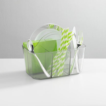 mDesign Plastic Cutlery Storage Organizer Caddy Bin Tote with Handle - Kitchen Cabinet Divided Pantry Basket for Forks, Knives, Spoons, Napkins, Indoor/Outdoor Use, Lumiere Collection, 2 Pack - Clear