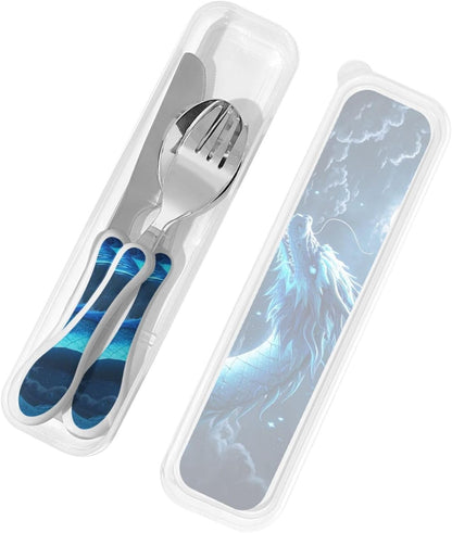 3-Piece Kids Silverware Set With Storage Case, Stainless Steel Reusable Children Safe Knife Spoon Fork Set Chinese Celadon Peacock Children Flatware Set For Kids Lunch Box